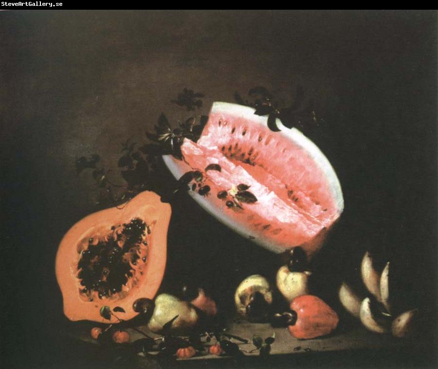 Mota, Jose de la still life of papaya,watermelon and cashew